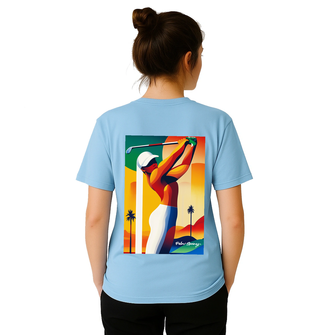 パームスプリングスゴルフTシャツは、明るいデザインが特徴で、ゴルフ場でも普段使いでも活躍する一枚です。サイズはSからXXLまで揃っています。