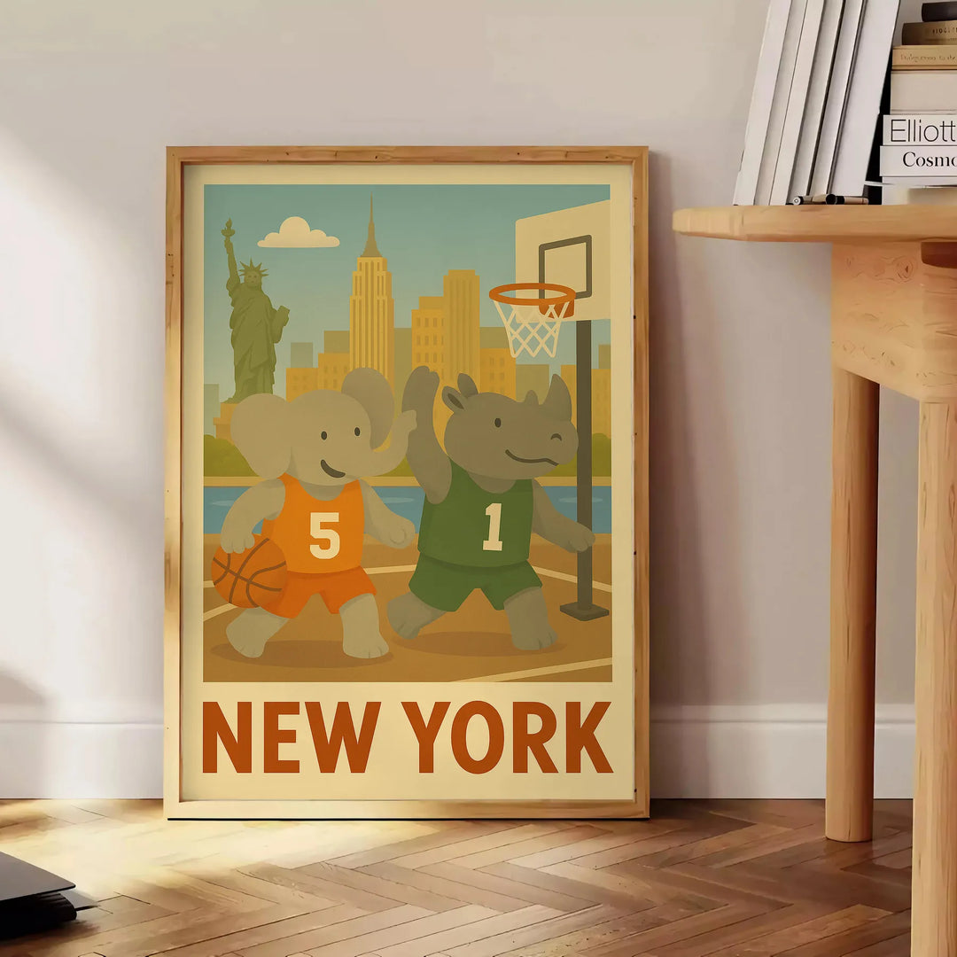 captivating Vintage Basketball Poster playful kid elephant rhinoceros New York scene stunning art deco masterpiece vibrant energy space gift chic wall decor