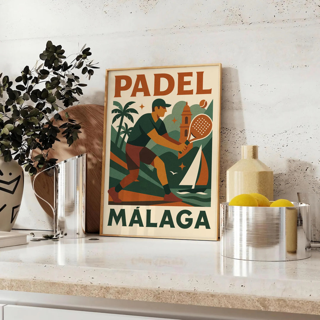 affiche exclusive Málaga Padel 8 fusion parfaite orange vibrant gris élégant incontournable passionnés format 50x70 cm une touche sportive déco disponibles A4 A0
