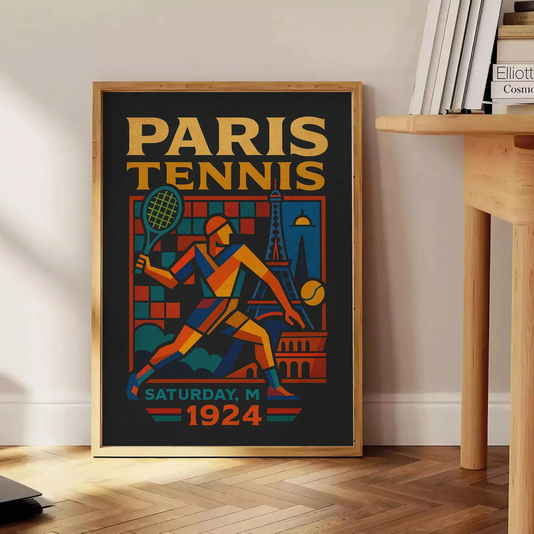 1924年のパリのヴィンテージカートゥーンテニスポスター。エレガントなグレーとブルーのトーンで、テニスファンやヴィンテージアート愛好者に最適です。