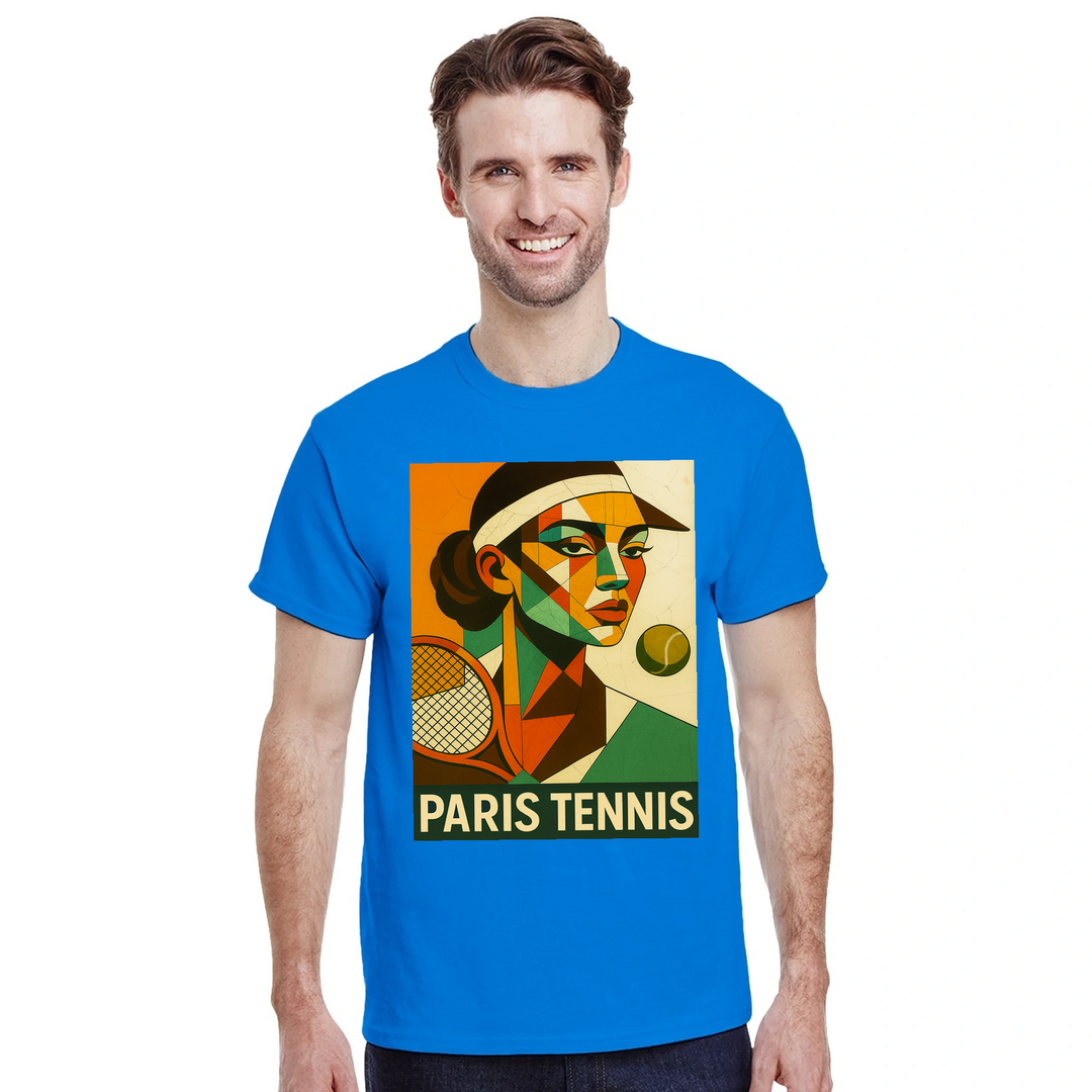 T-shirt wardrobe Paris Cubist Tennis T shirt unique tee art twist perfect sports enthusiasts lovers soft breathable fabric ideal casual occasion love Parisian style sizes available M L XL XXL