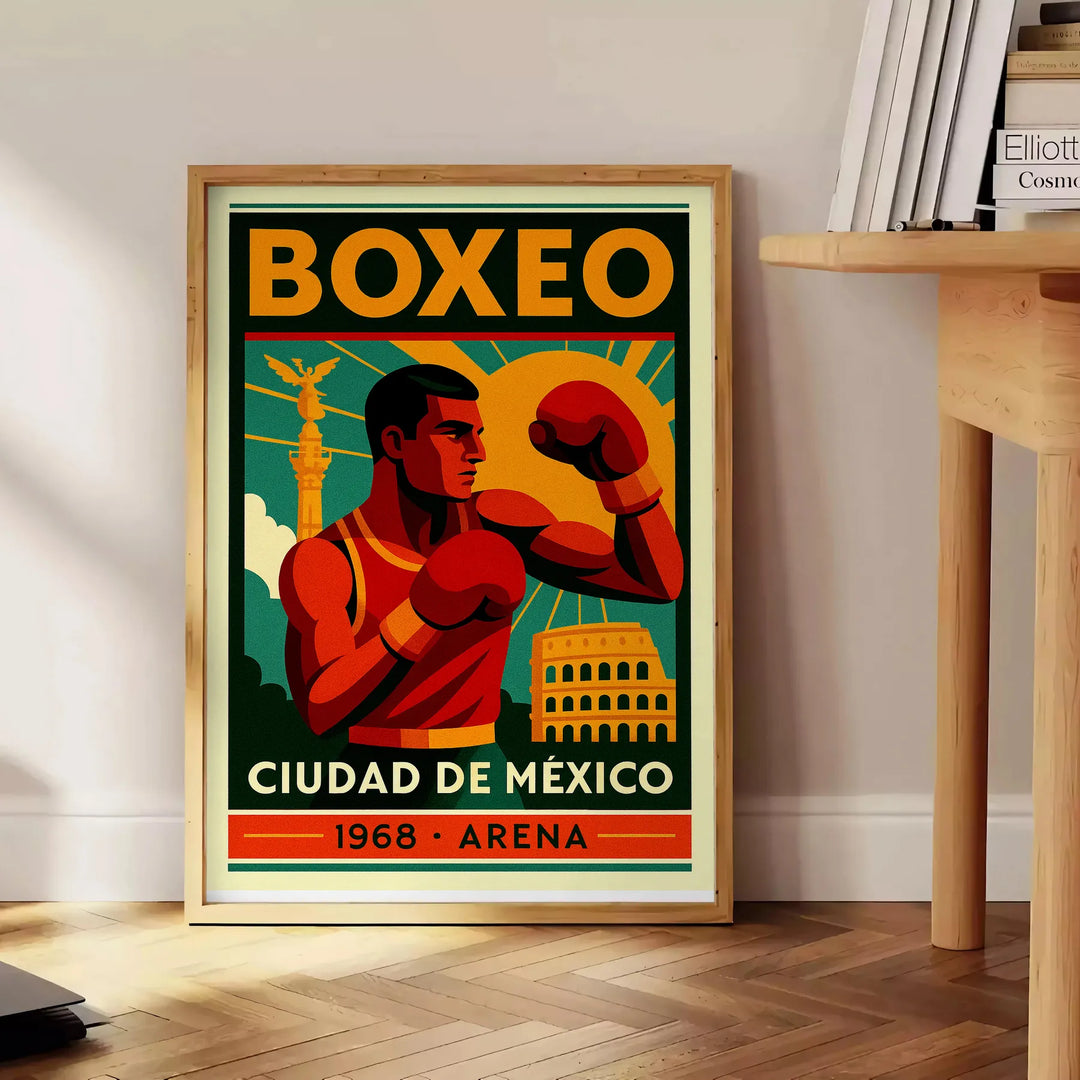 Slående affisch med boxningsmotiv inspirerad av Mexiko, i djärva röda och svarta färger. Perfekt för sportälskare
