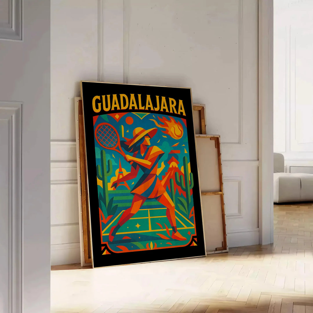 Plakat w stylu vintage przedstawiający tenis w Guadalajarze, w żywych niebieskich i czarnych kolorach, idealny dla miłośników