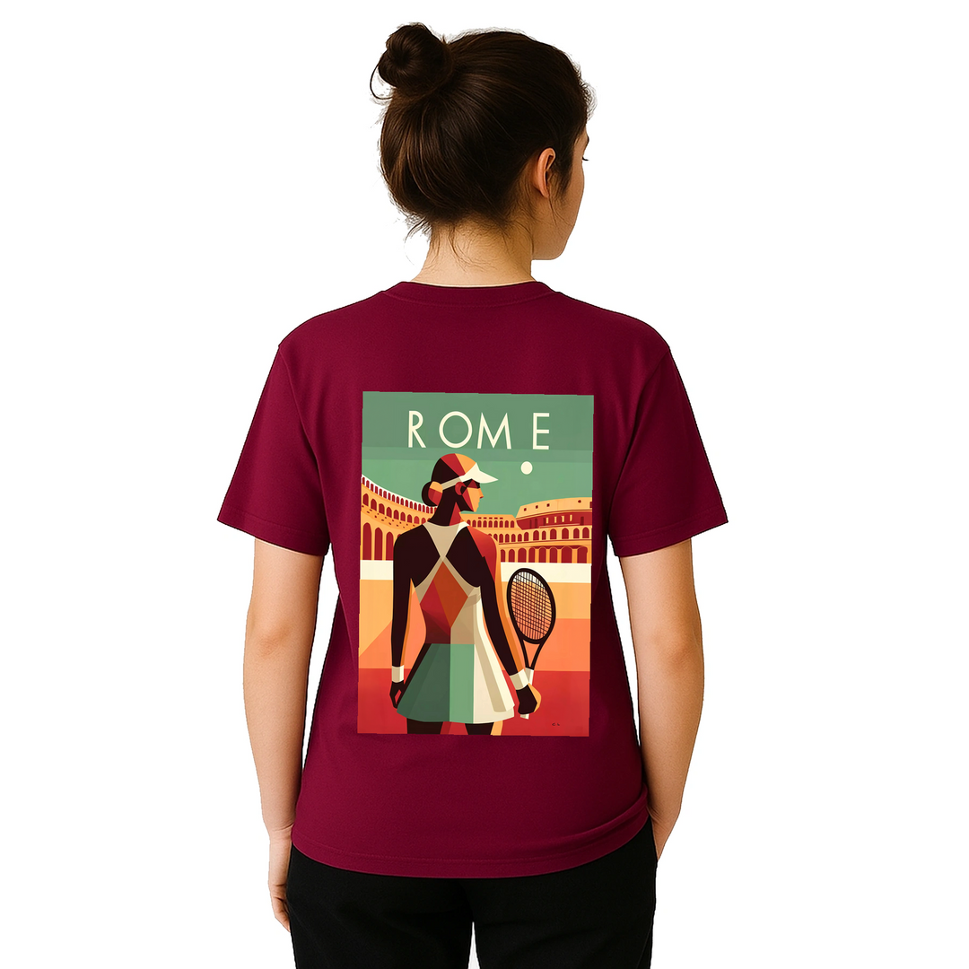 情熱的なファンとスタイリッシュなアスリートのためにデザインされたローマテニスTシャツ。コート内外での着用に最適な鮮やかなテニスグラフィックが特徴。柔らかく通気性のあるコットン素材で快適さを提供します。