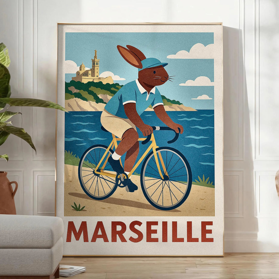 Ανακαλύψτε το γοητευτικό πόστερ "Παιδί Κουνέλι Ποδηλάτης στη Μασσαλία"! Ιδανικό για παιδικό δωμάτιο ή βρεφονηπιακό σταθμό, με