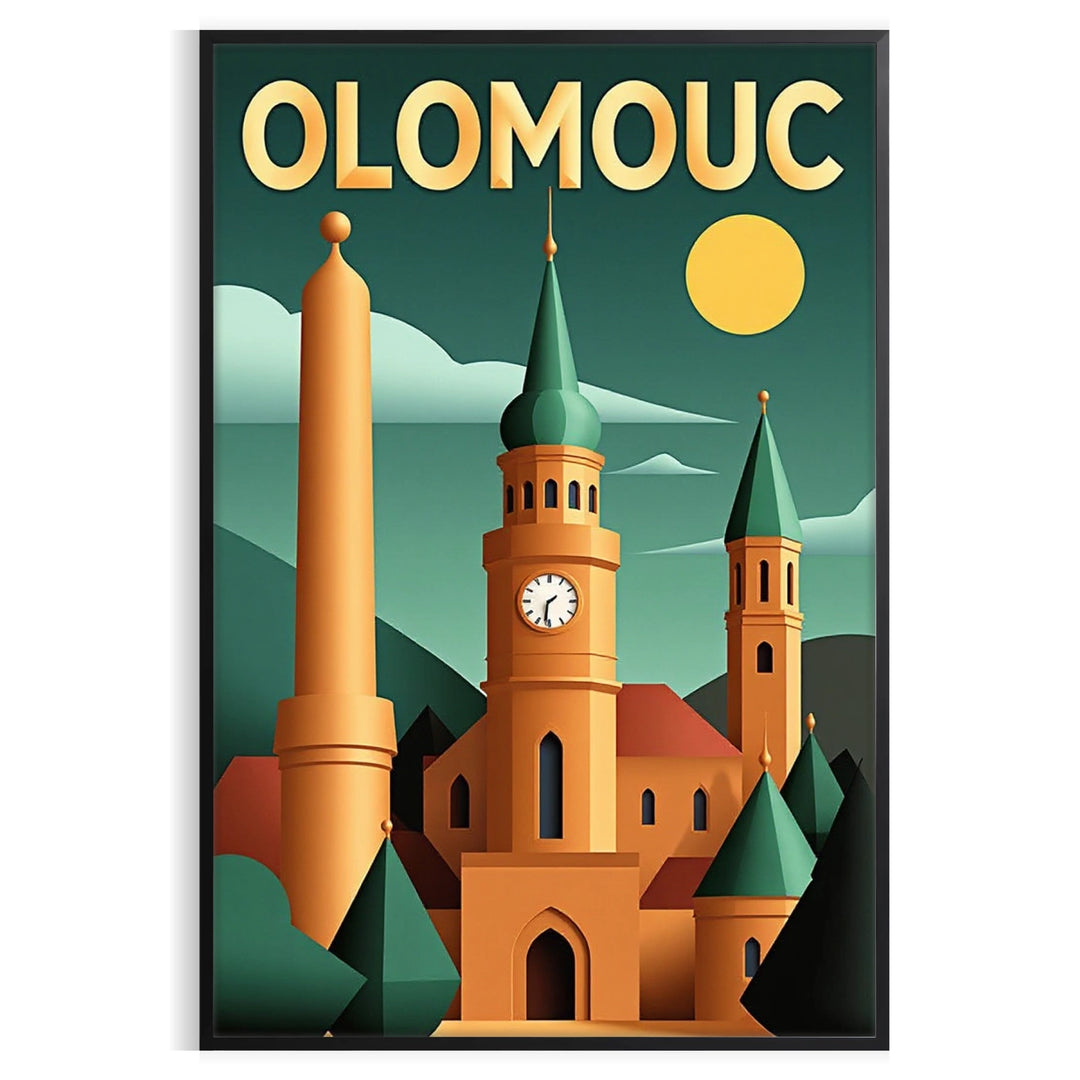 captivating Olomouc Czechia Art Déco vintage poster vibrant yellow green hues lovers stylish piece measures touch elegance room space available