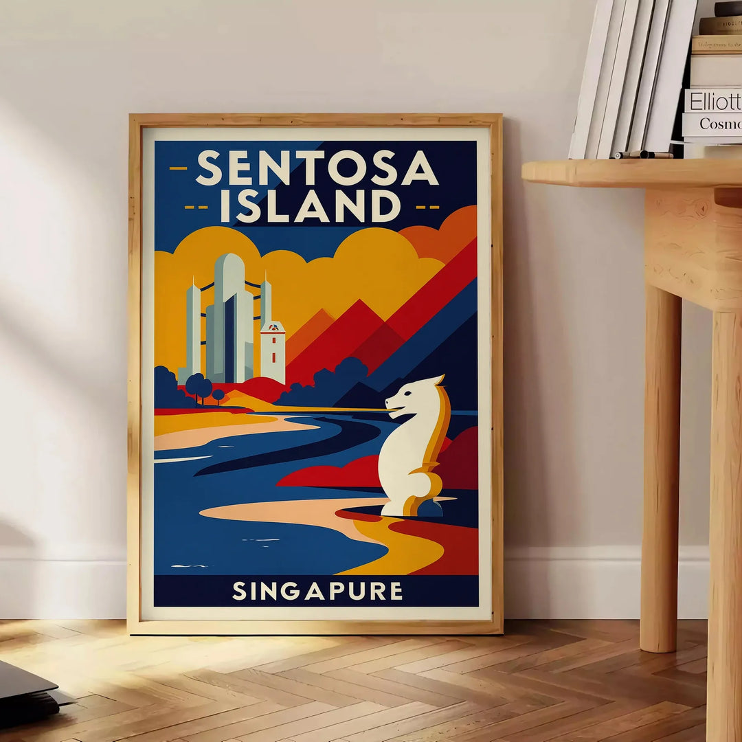 Vintage Reiseposter von Sentosa Island, Singapur im Art Deco-Stil. Lebendige orange und blaue Farbtöne bringen Nostalgie in I