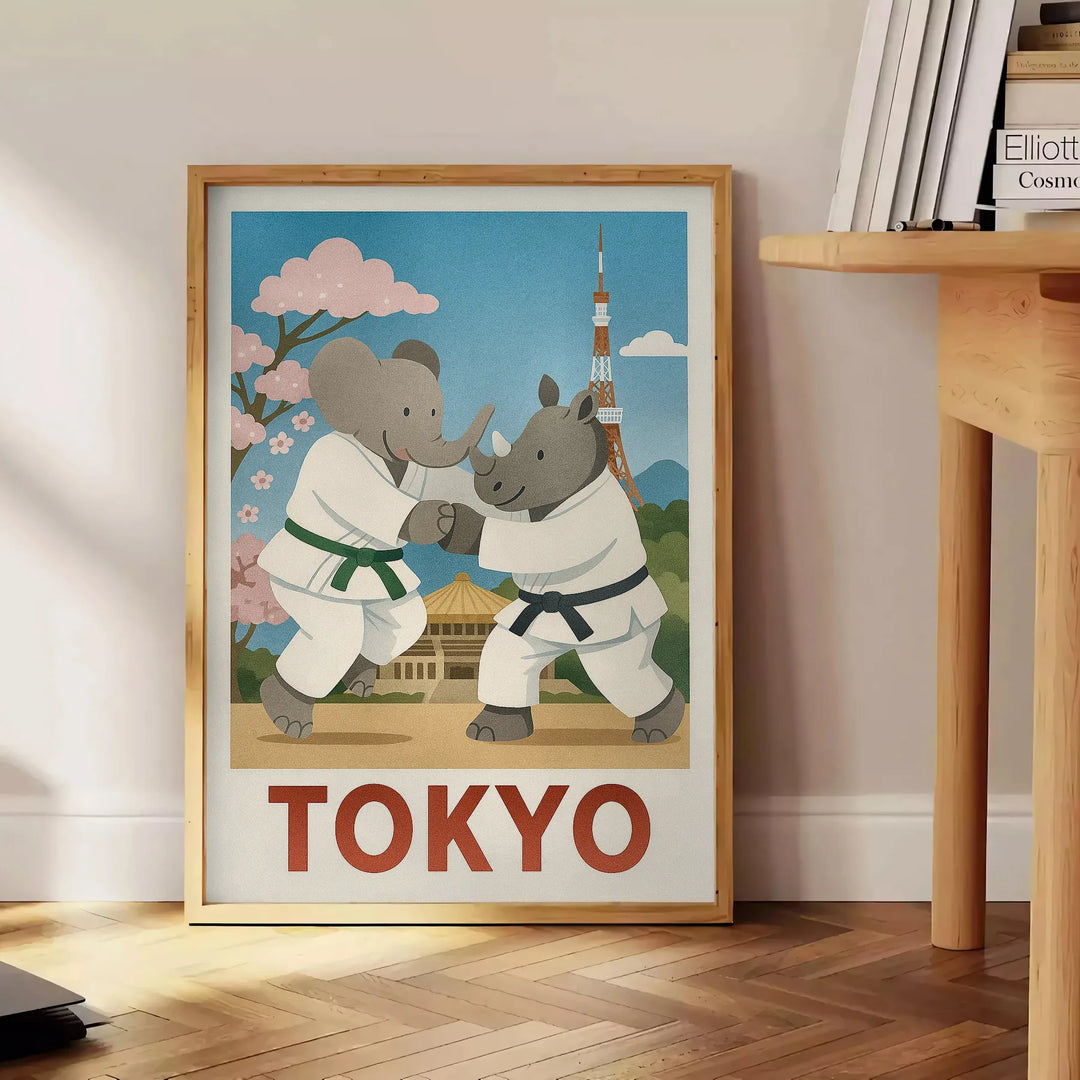 Ανακαλύψτε την μαγευτική αφίσα "Παιδικός Ελέφαντας & Ρινόκερος Τζούντο Τόκιο" με ζωντανά πράσινα και μπλε χρώματα! Ιδανική γι