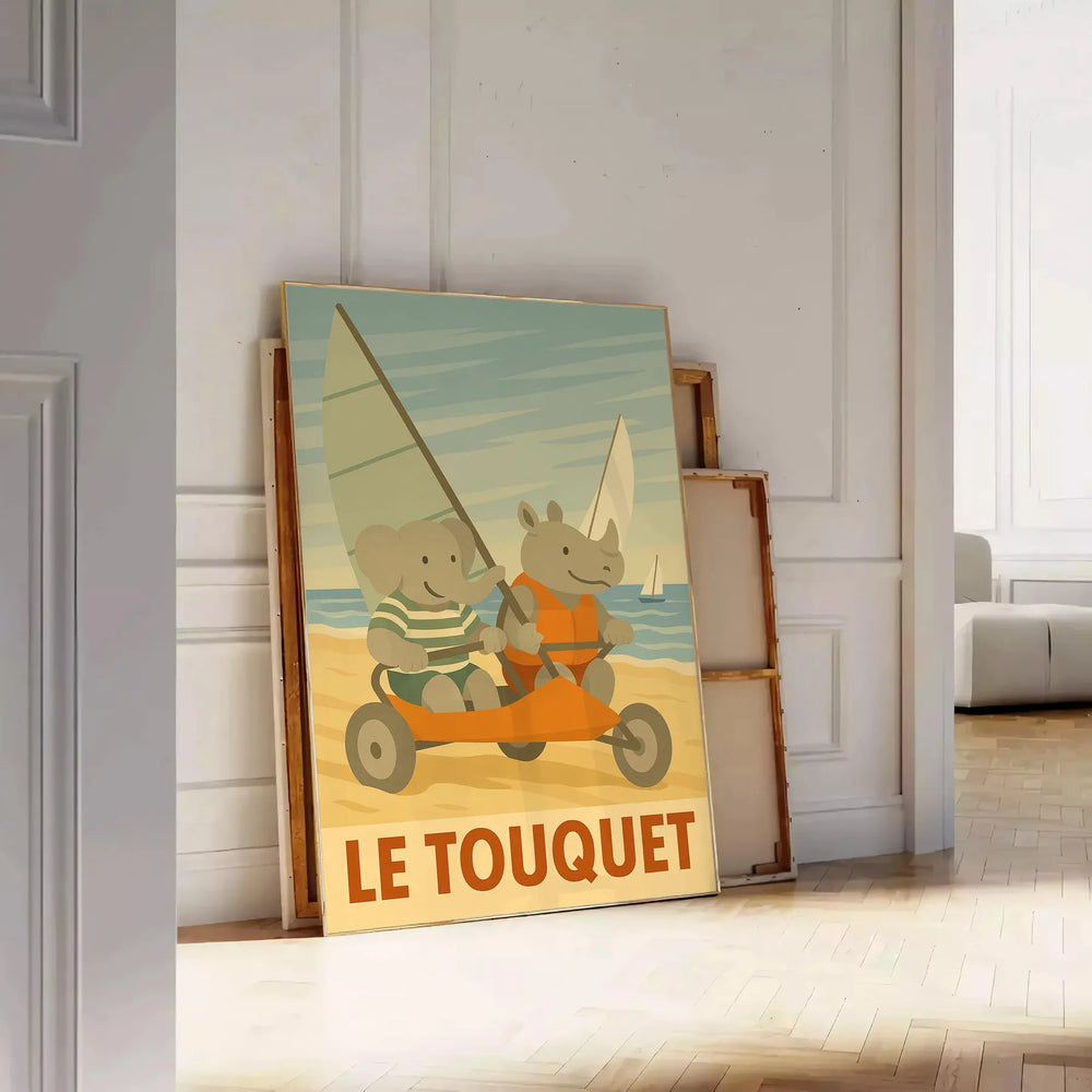 whimsical charm kid elephant rhinoceros poster sandy fun Le Touquet sand yachting gray green tones eye design perfect child room joy walls