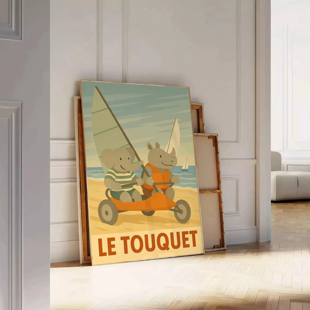 whimsical charm kid elephant rhinoceros poster sandy fun Le Touquet sand yachting gray green tones eye design perfect child room joy walls