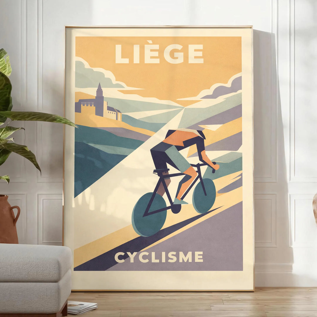 Stilren poster av Liège, Belgien med cykelmotiv i gröna och blå nyanser, perfekt för cykelentusiaster. Finns i storlekarna 50