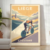 Stilren poster av Liège, Belgien med cykelmotiv i gröna och blå nyanser, perfekt för cykelentusiaster. Finns i storlekarna 50