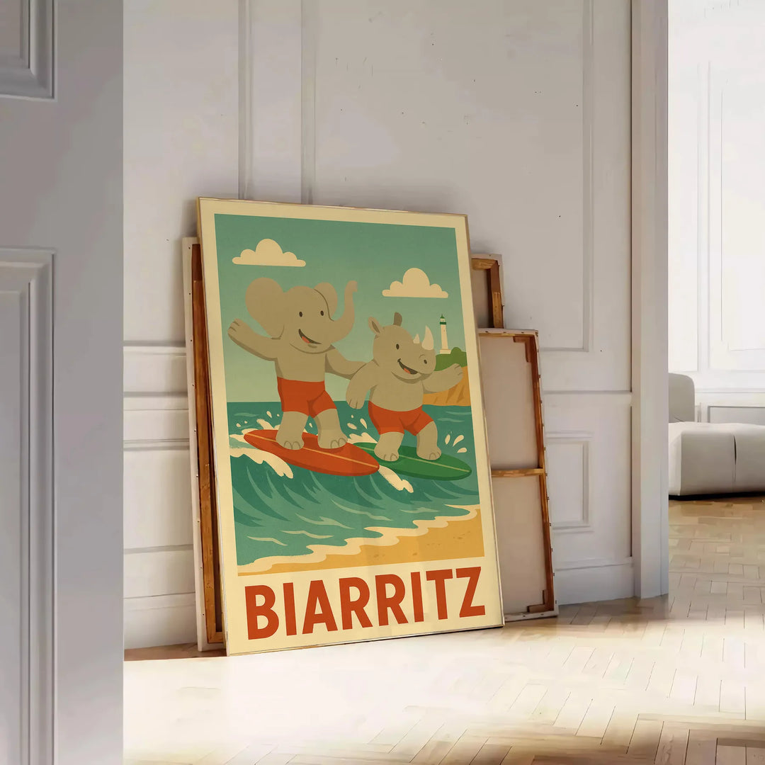 whimsical world Biarritz Kids Surf poster playful elephants rhinos gray green backdrop nurseries playrooms eye design adventure choice sizes A4 cm A0
