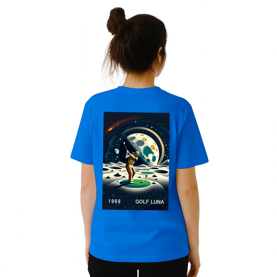 Koszulka Golf Moon z unikalnym wzorem, idealna na pole golfowe i codzienne wyjścia. Wygodna i trwała, dostępna w rozmiarach S