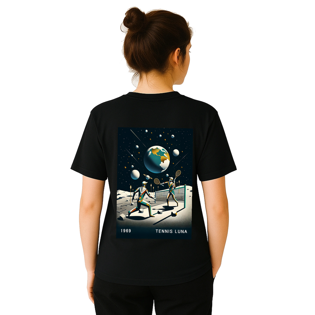 T-shirt Tennis Moon con design unico che unisce la passione per il tennis e il fascino celestiale, ideale per partite o uscit
