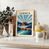 Vacker Art Déco vintageposter från Cuenca, Ecuador i livliga orange och blå nyanser. Finns i storlekarna 50x70 och 30x40. Per