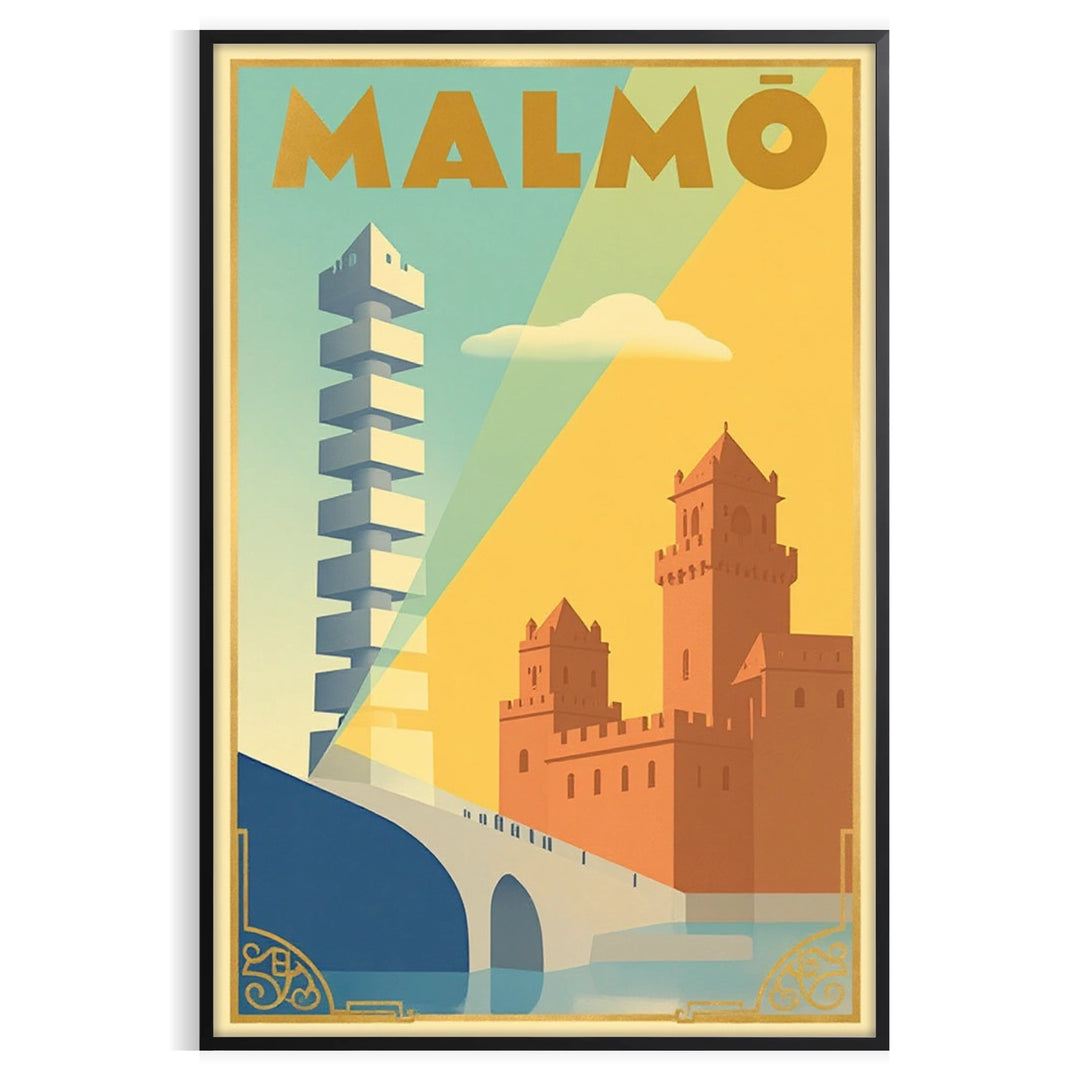 charm Malmö Sweden stunning vintage travel poster elegant Art Deco design blue gray tones space dimensions cm decor available