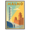 Affiche vintage Malmö Suède élégance Art Déco teintes apaisantes bleu gris intérieur œuvre disponible dimensions 50x70 30x40 unique cadre