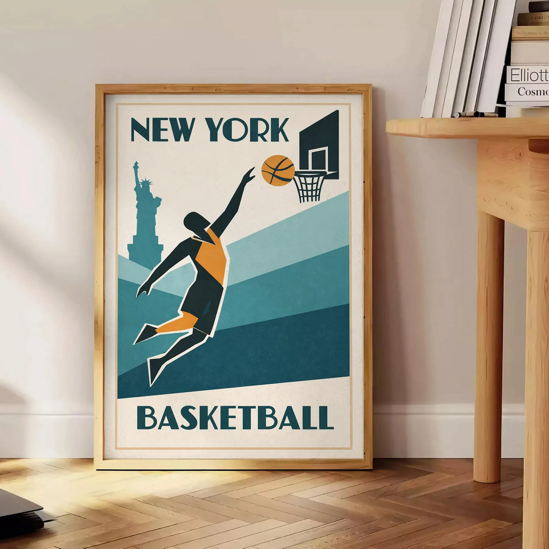 Stilīgs Ņujorkas NBA plakāts ar spilgtu oranžu un baltu dizainu, pieejams 50x70 vai 30x40 izmērā