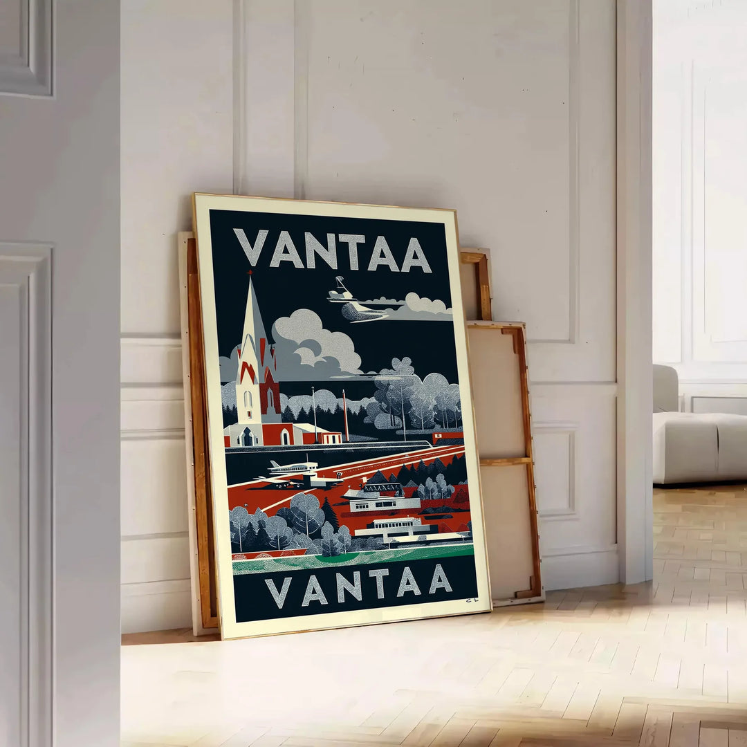 Manifesto vintage Art Déco Vantaa Finlandia in toni neri e grigi