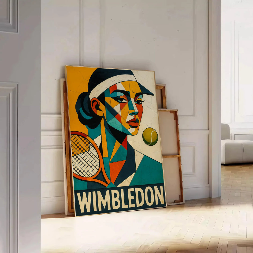 鮮やかな色合いのウィンブルドンキュービストテニスポスター。テニスファン必見のアート作品。フレーム付きまたはフレームなしで購入可能。