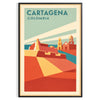 Plakat w stylu Art Deco przedstawiający Cartagena, Kolumbia w kolorach pomarańczowym i niebieskim