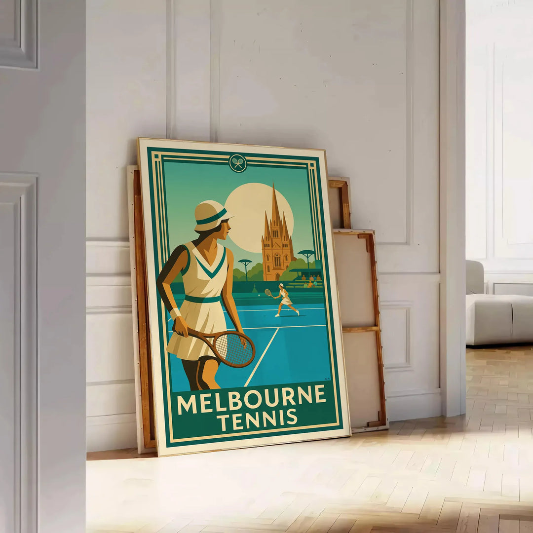 Póster de tenis de Melbourne en tonos marrones y verdes, disponible en tamaños de 50x70 cm y 30x40 cm. Perfecto para decorar