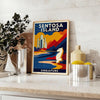 Vintage Reiseposter von Sentosa Island, Singapur im Art Deco-Stil. Lebendige orange und blaue Farbtöne bringen Nostalgie in I
