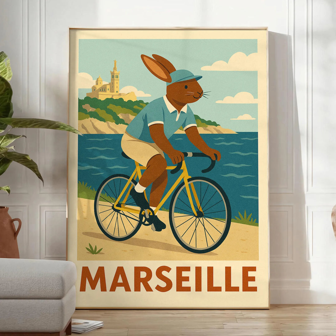 マルセイユの魅力にインスパイアされた子供用ウサギ自転車ポスター。青と緑の穏やかな色合いで、子供部屋や遊び場にぴったりのアート作品です。