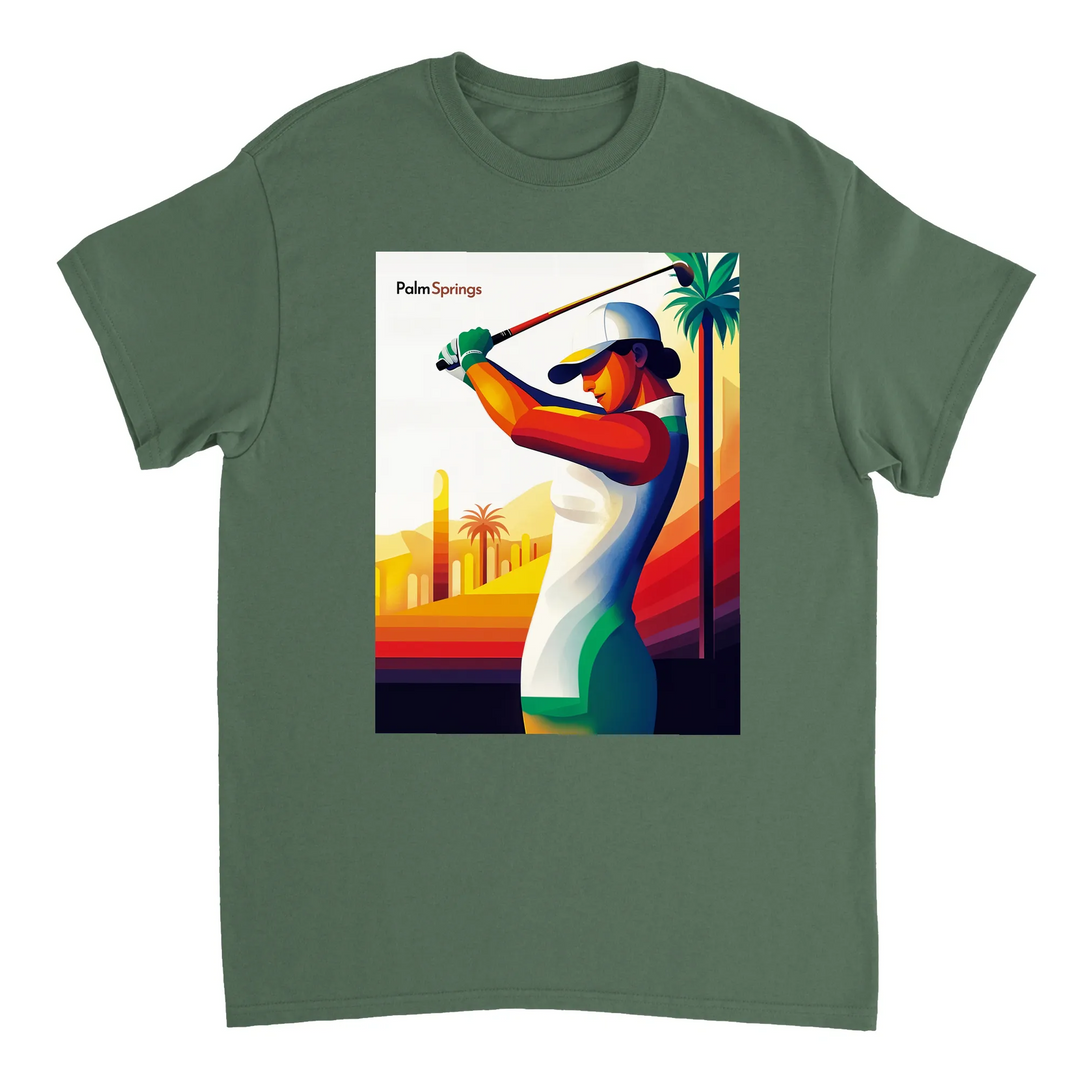 ゴルフパームスプリングスTシャツ。快適なコットン素材で、パームスプリングスの活気ある雰囲気を表現。ゴルフ愛好者や日差しを楽しむ人に最適な一枚です。