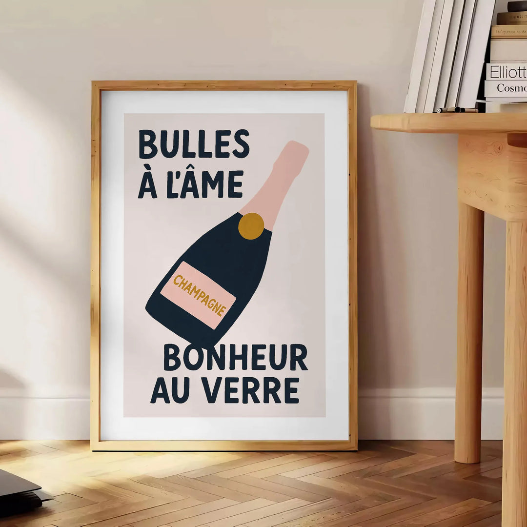 Pôster de Champagne para cozinha com tons elegantes de verde e preto, disponível em formatos 50x70 cm e 30x40 cm, emoldurado