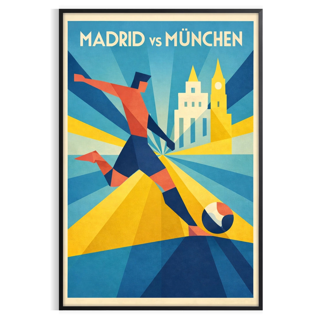En färgstark affisch som fångar energin i Madrids fotbollskultur, med gula och gröna nyanser. Finns i storlekarna 50x70 eller