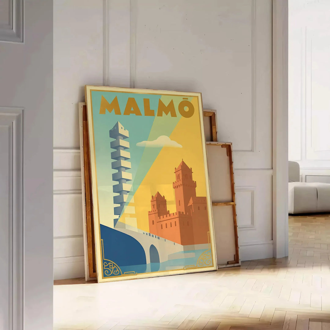 Affiche vintage Malmö Suède élégance Art Déco teintes apaisantes bleu gris intérieur œuvre disponible dimensions 50x70 30x40 unique cadre