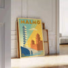 Affiche vintage Malmö Suède élégance Art Déco teintes apaisantes bleu gris intérieur œuvre disponible dimensions 50x70 30x40 unique cadre