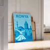 Blue stylized Konya, Turkey cityscape artwork on a printed poster