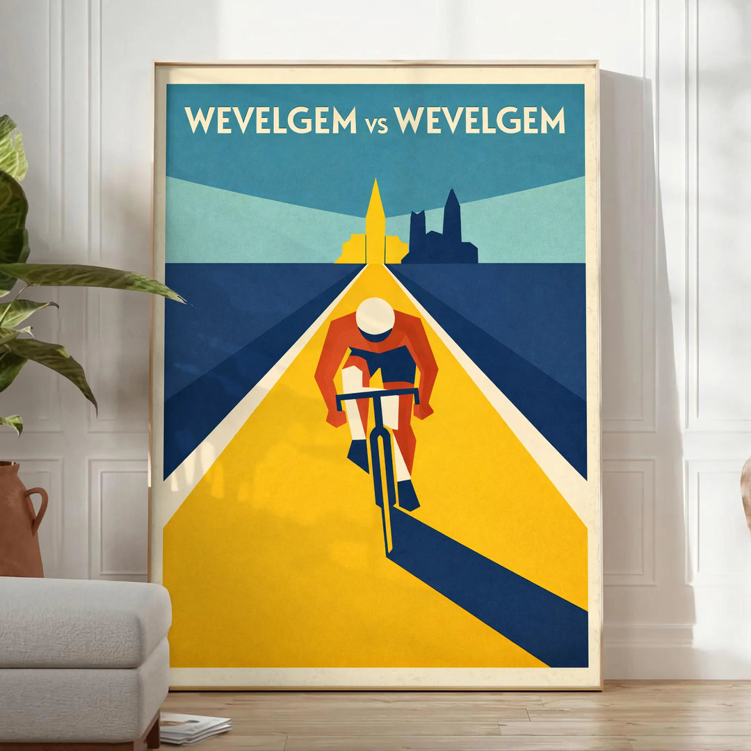 space captivating Wevelgem Belgium Cyclisme poster vibrant blue green hues spirit cycling enthusiasts collectors dynamic touch decor available A4 cm A0