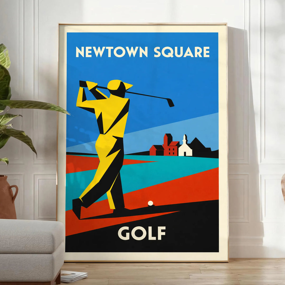 Plakat w stylu vintage przedstawiający scenę golfową w Newtown Square, Stany Zjednoczone, w zielonych i niebieskich odcieniach