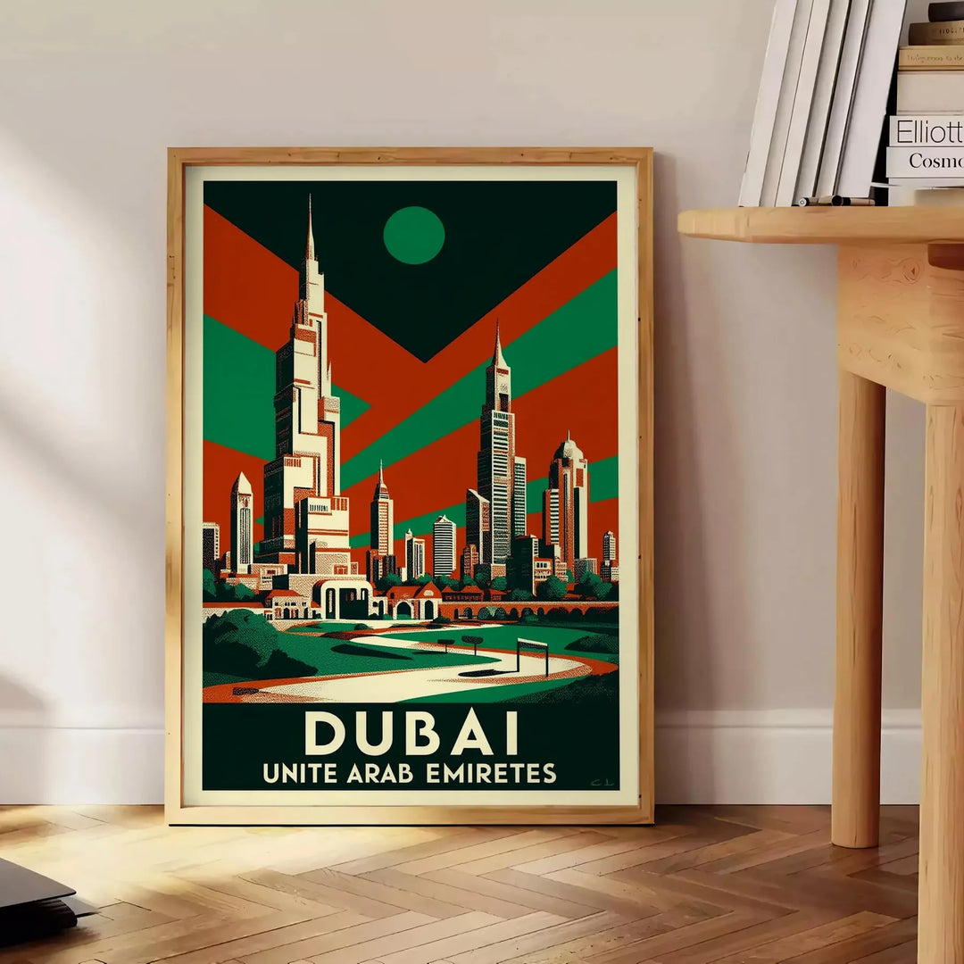Dubaijas vintage ceļojumu Art Deco plakāts, eleganti zaļā un pelēkā krāsā, 50x70 vai 30x40 izmērā, ideāli piemērots telpu dek