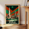 Dubaijas vintage ceļojumu Art Deco plakāts, eleganti zaļā un pelēkā krāsā, 50x70 vai 30x40 izmērā, ideāli piemērots telpu dek