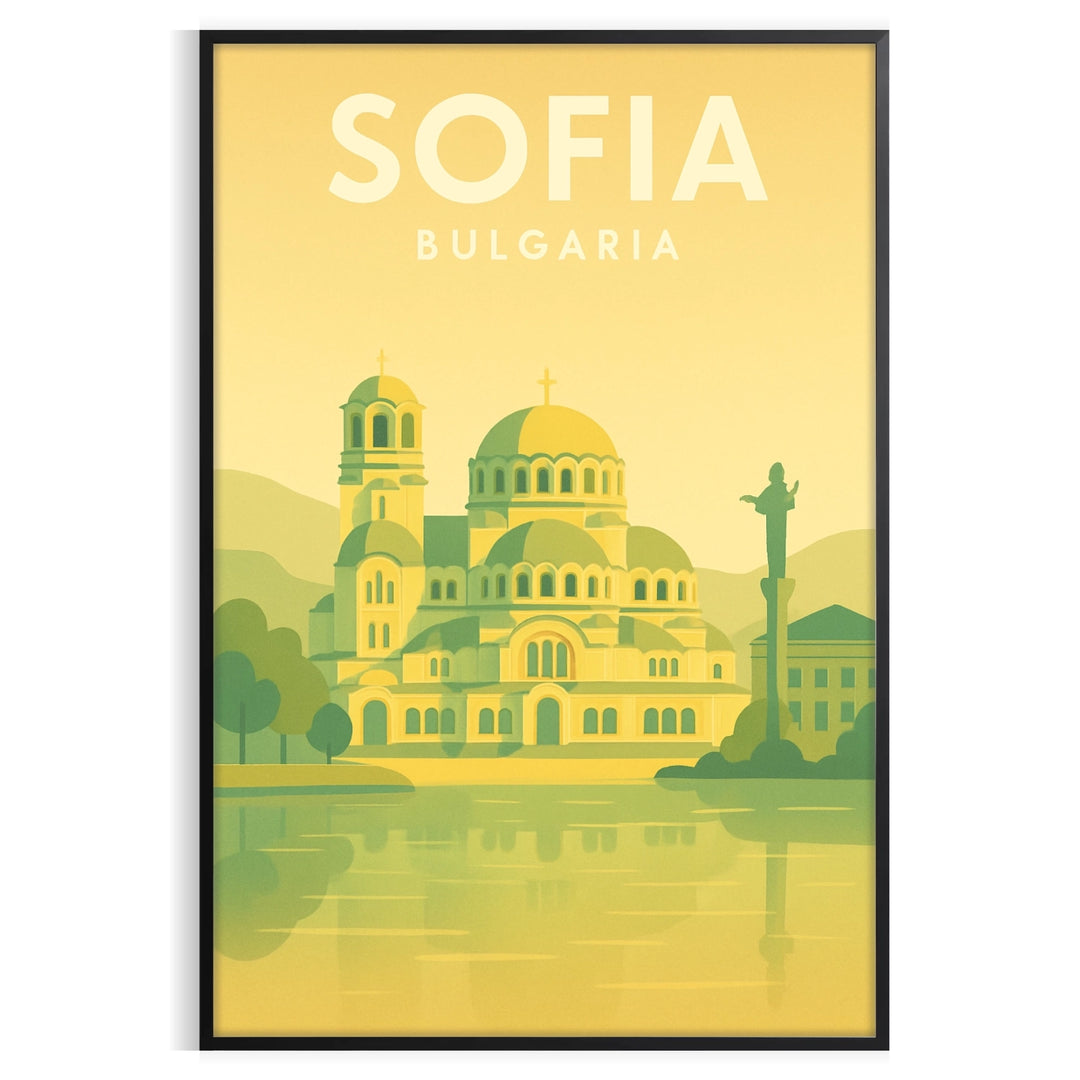 Sofia Bulgaria travel poster with green and orange minimalist illustration