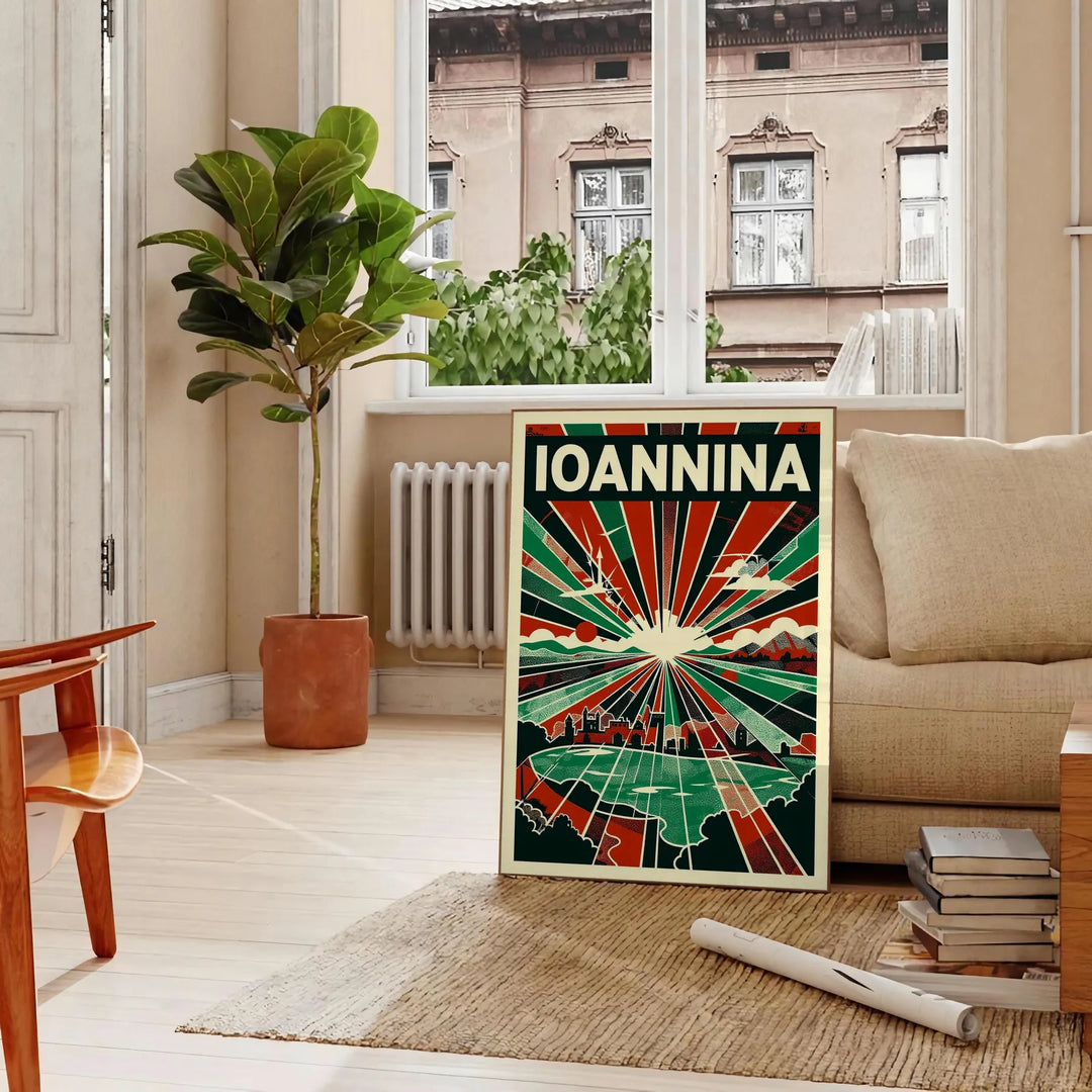 Plakat w stylu Art Déco przedstawiający urok Ioanniny w Grecji, w szaro-pomarańczowych odcieniach, idealny do eleganckiego wy