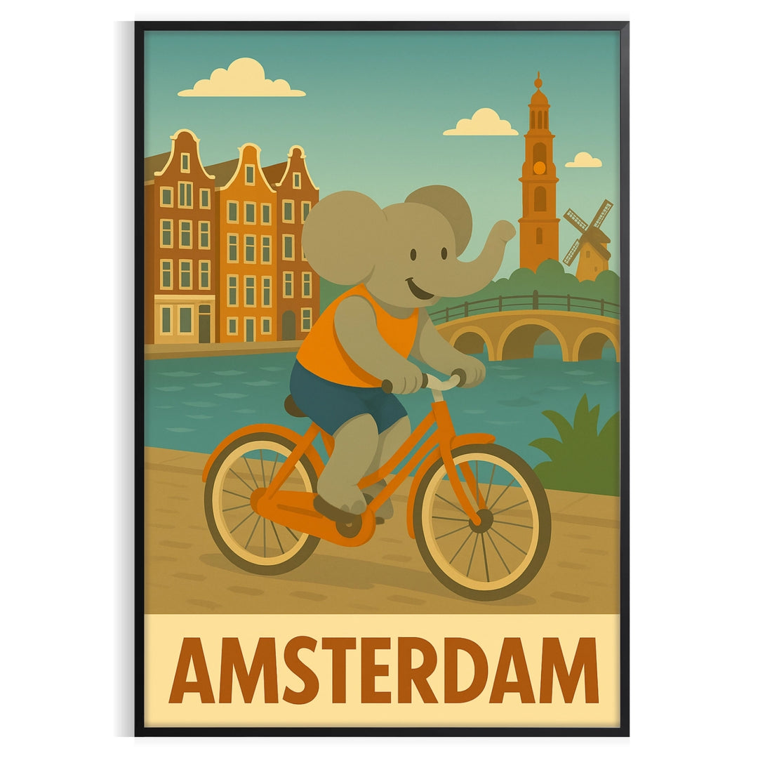splash whimsy charming kid elephant rhinoceros cycling poster vibrant spirit Amsterdam serene gray green hues artwork playful touch space delightful today dimensions A4 cm A0