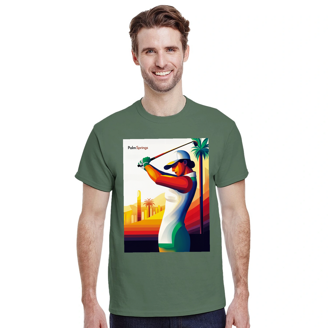 ゴルフパームスプリングスTシャツ。快適なコットン素材で、パームスプリングスの活気ある雰囲気を表現。ゴルフ愛好者や日差しを楽しむ人に最適な一枚です。