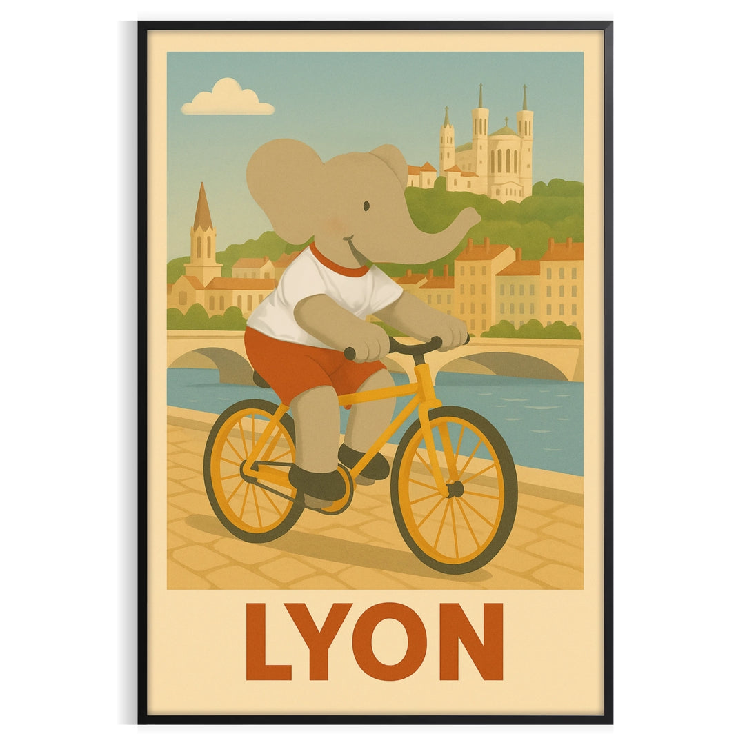 charming kid elephant cycling poster shades gray green whimsical touch space delightful decor choice today playful joy child room