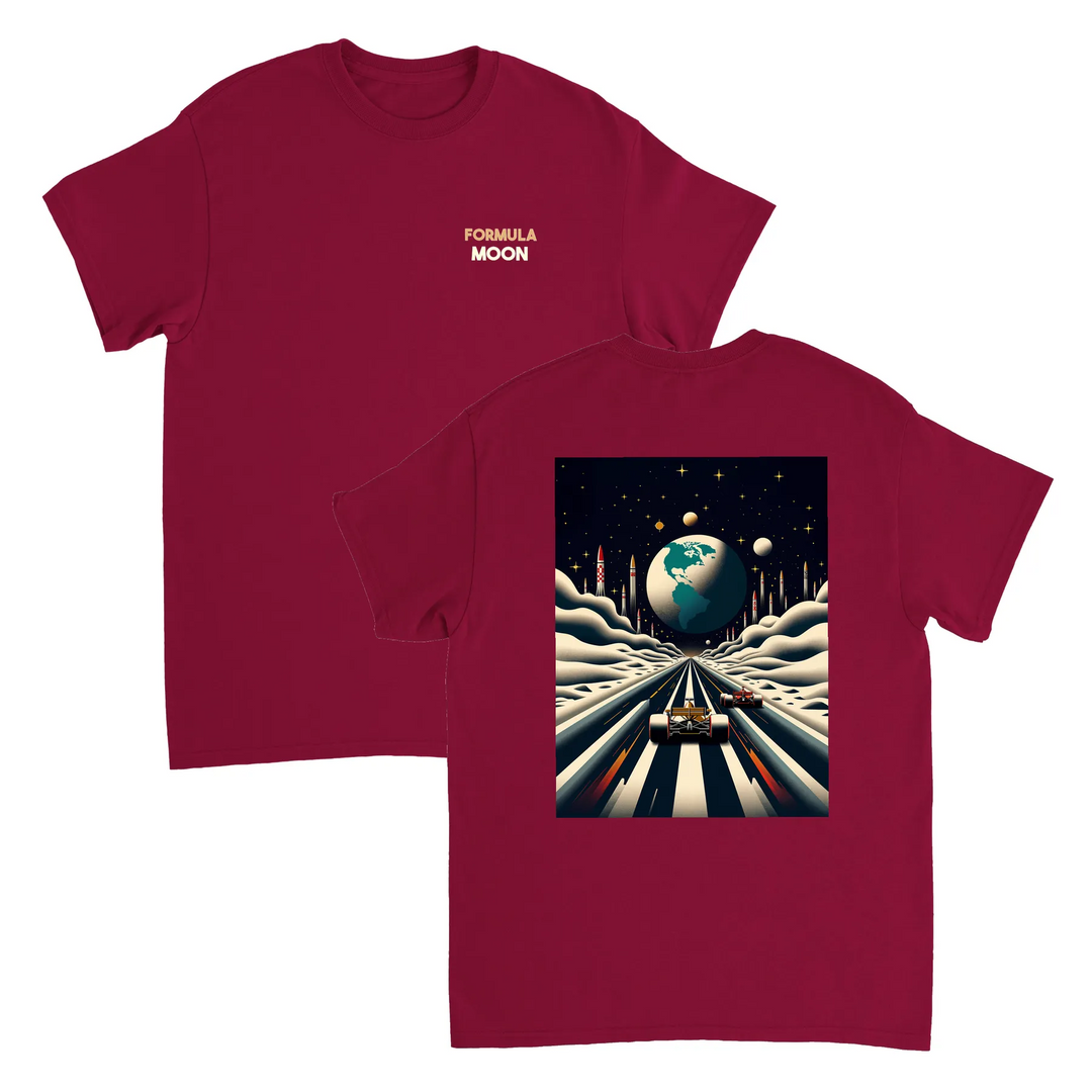 T-shirt Formula Moon con design lunare unico, ideale per appassionati di astronomia. Morbido cotone per un comfort duraturo