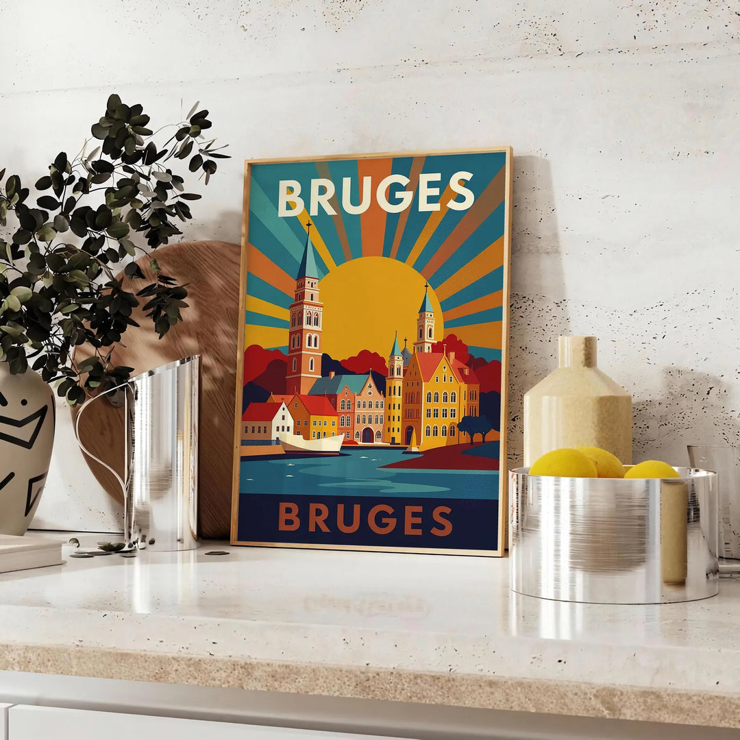 Poster vintage Art Déco di Bruges con veduta cittadina gialla e verde