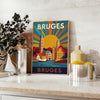 Poster vintage Art Déco di Bruges con veduta cittadina gialla e verde
