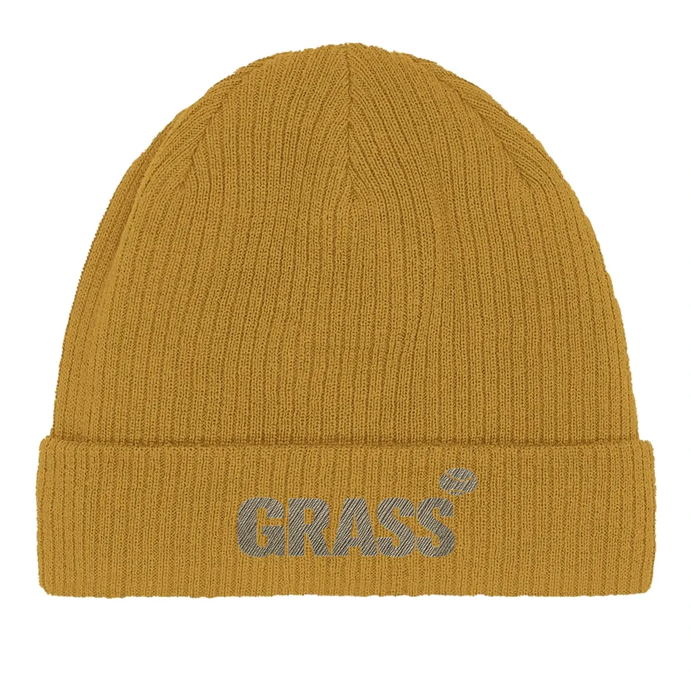 Beanie Grass Tennis in cotone biologico con design ricamato, perfetto per uno stile eco-friendly e confortevole