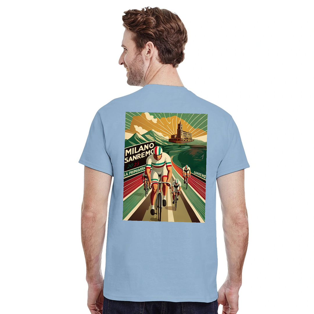Koszulka Milano Sanremo z unikalnym wzorem, idealna dla miłośników kolarstwa. Dostępna w rozmiarach S, M, L, XL