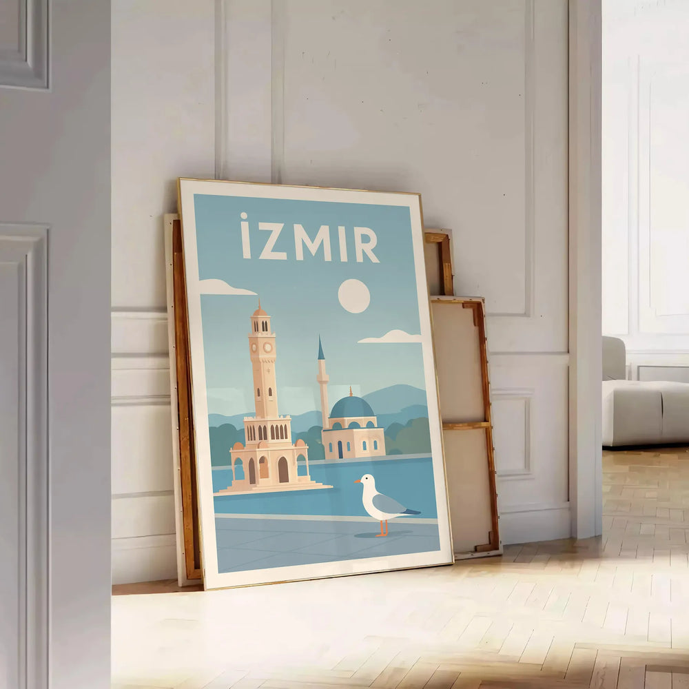 Stylized Izmir, Turkey cityscape poster in gray and blue tones